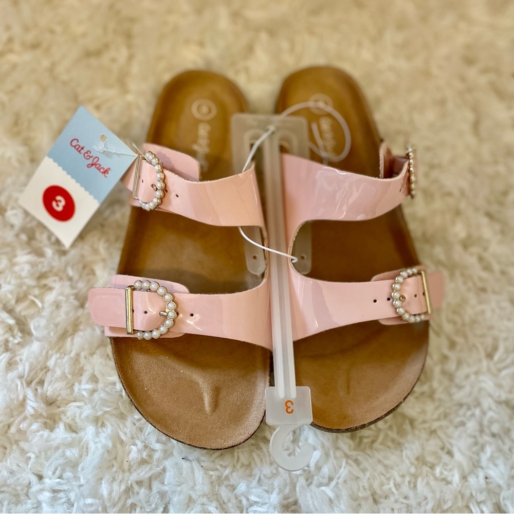 Cat & Jack Girls Pink Patent Pearl Buckle Slide Sandals Size 3 Youth New